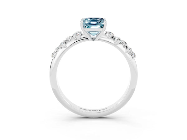 Silver Emerald Cut Aquamarine Cluster Side Stone Solitaire Ring with Prong Setting
