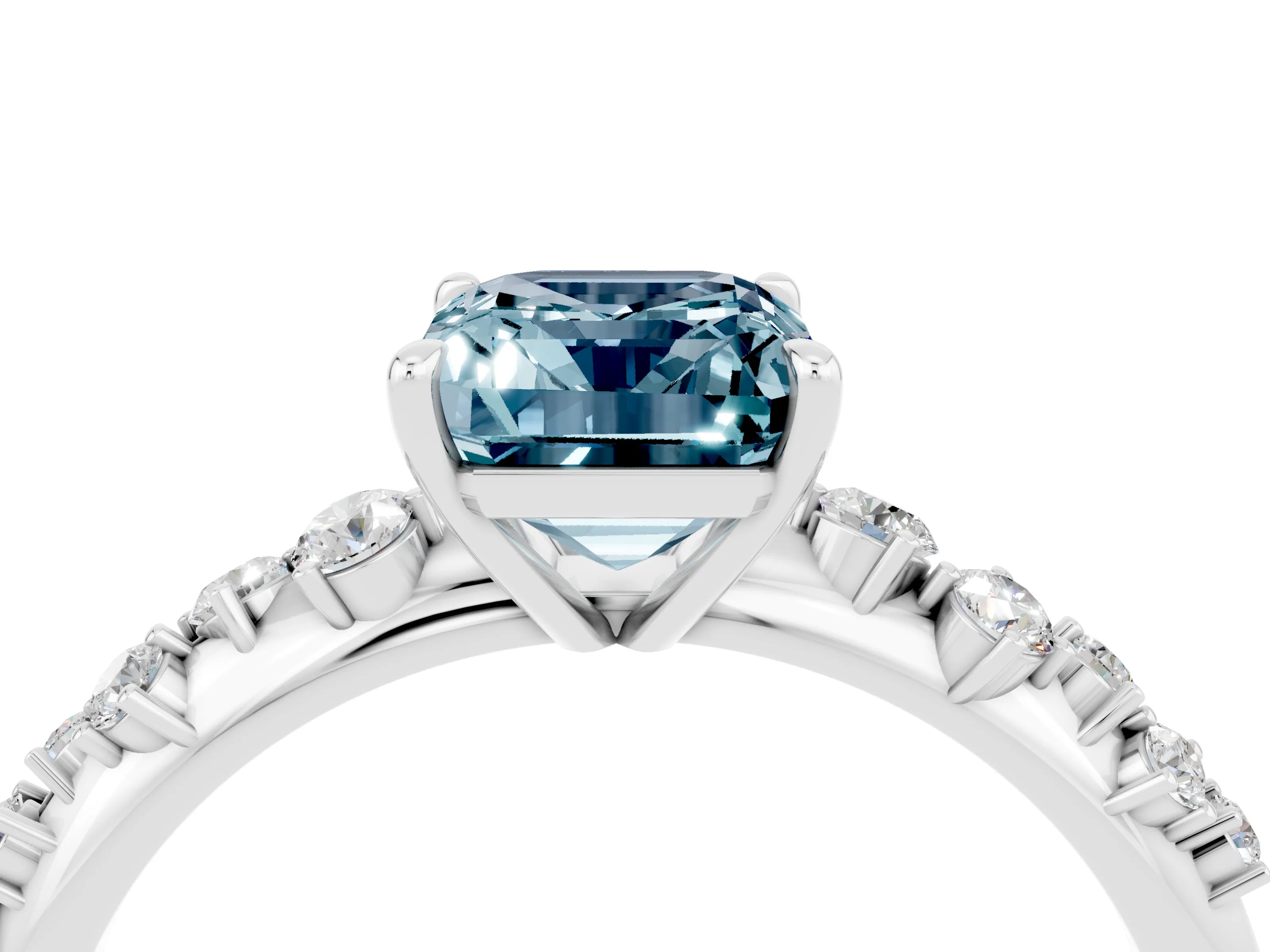White gold Emerald Cut Aquamarine Cluster Side Stone Solitaire Ring with Prong Setting_28