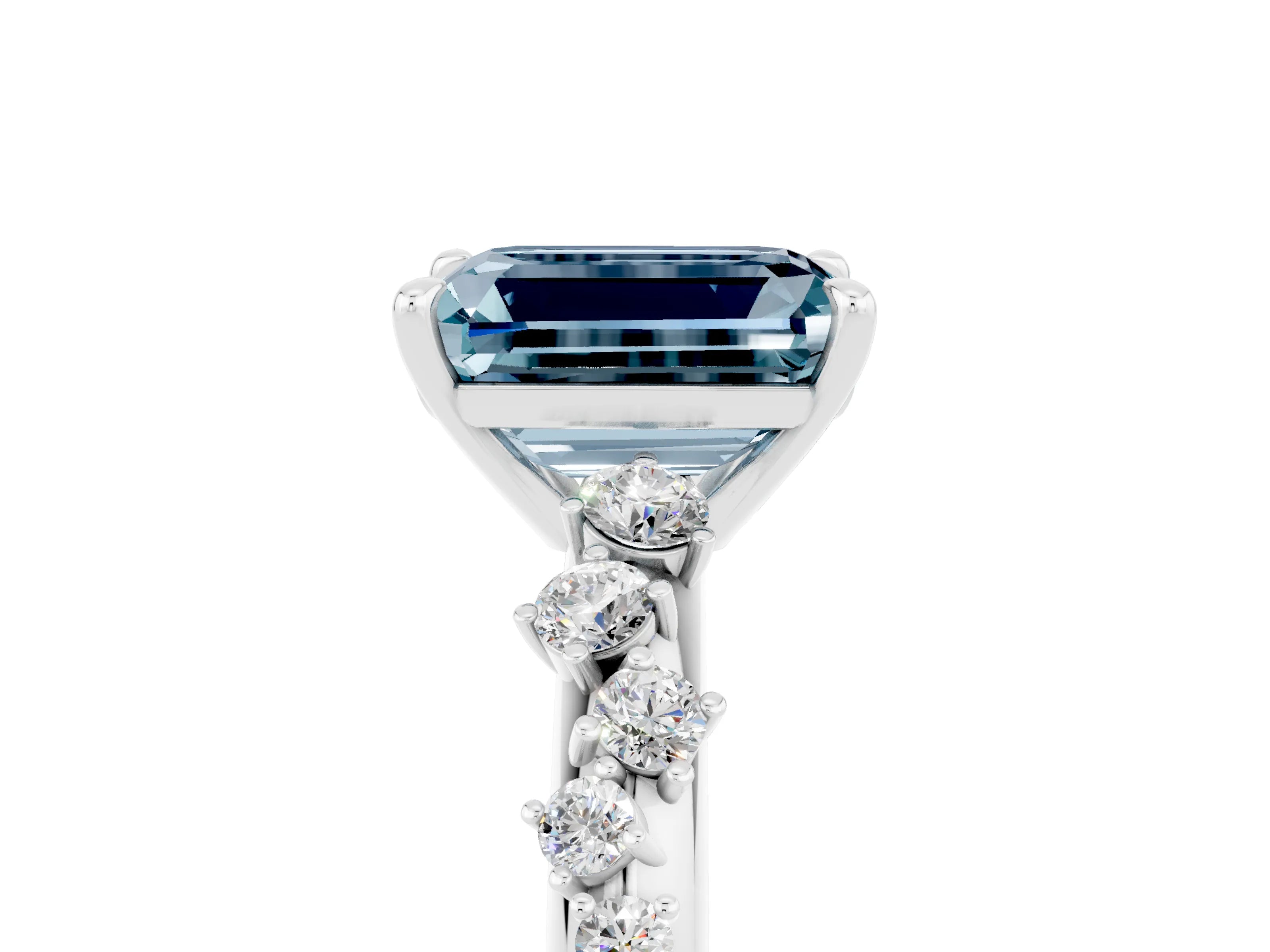 White gold Emerald Cut Aquamarine Cluster Side Stone Solitaire Ring with Prong Setting_29