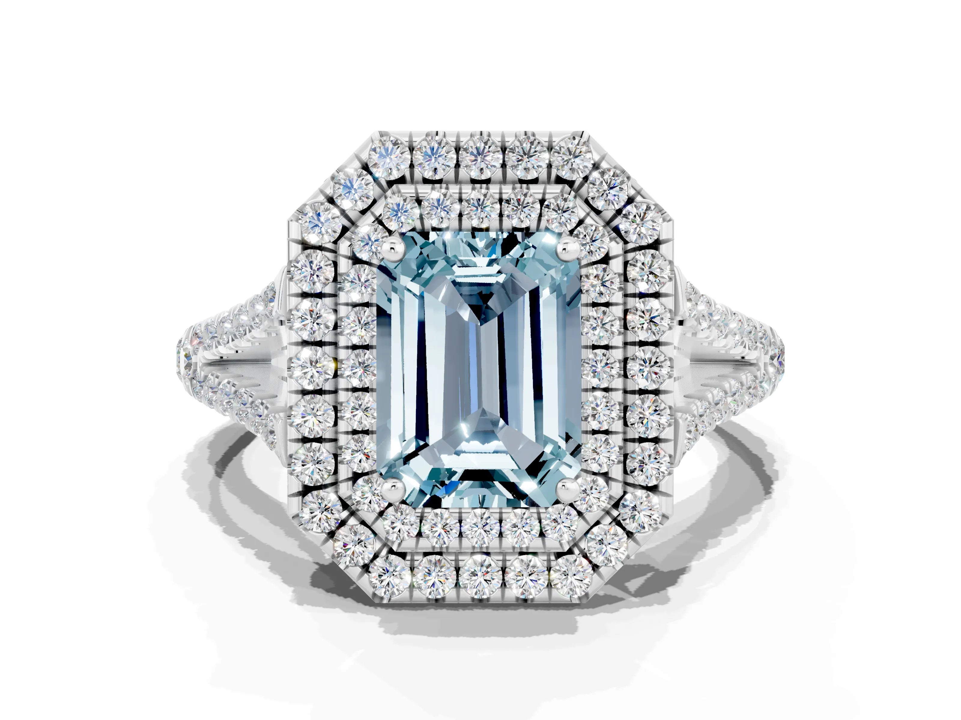 White gold Emerald Cut Aquamarine Double Halo Ring with Pavé Band and Prong Setting_12