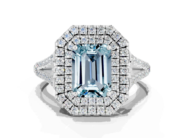 Silver Emerald Cut Aquamarine Double Halo Ring with Pavé Band and Prong Setting