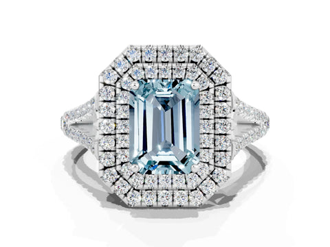 White gold Emerald Cut Aquamarine Double Halo Ring with Pavé Band and Prong Setting_12