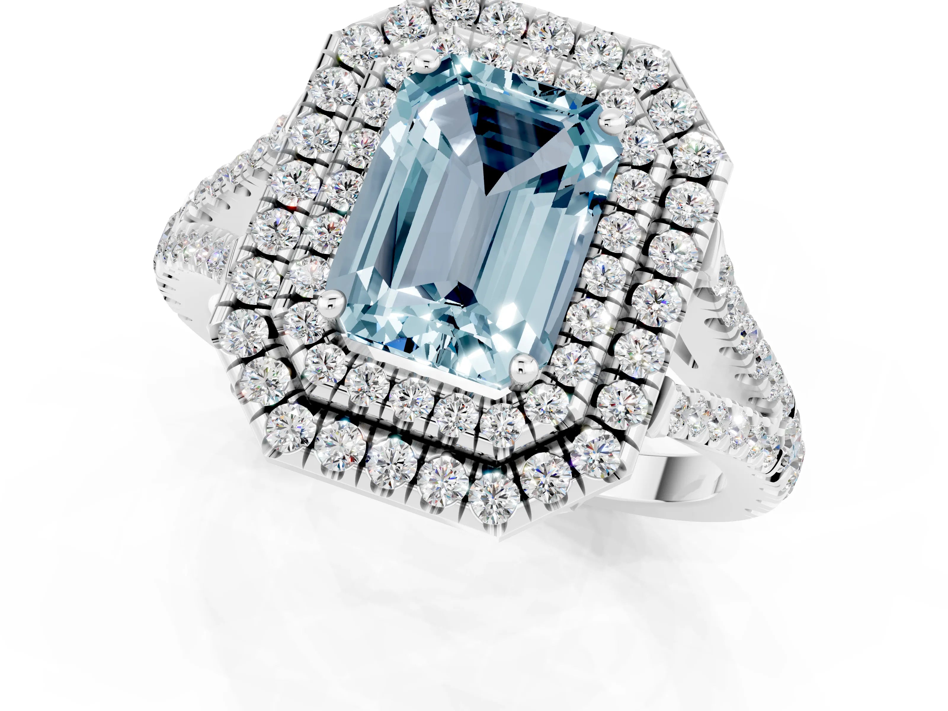White gold Emerald Cut Aquamarine Double Halo Ring with Pavé Band and Prong Setting_13