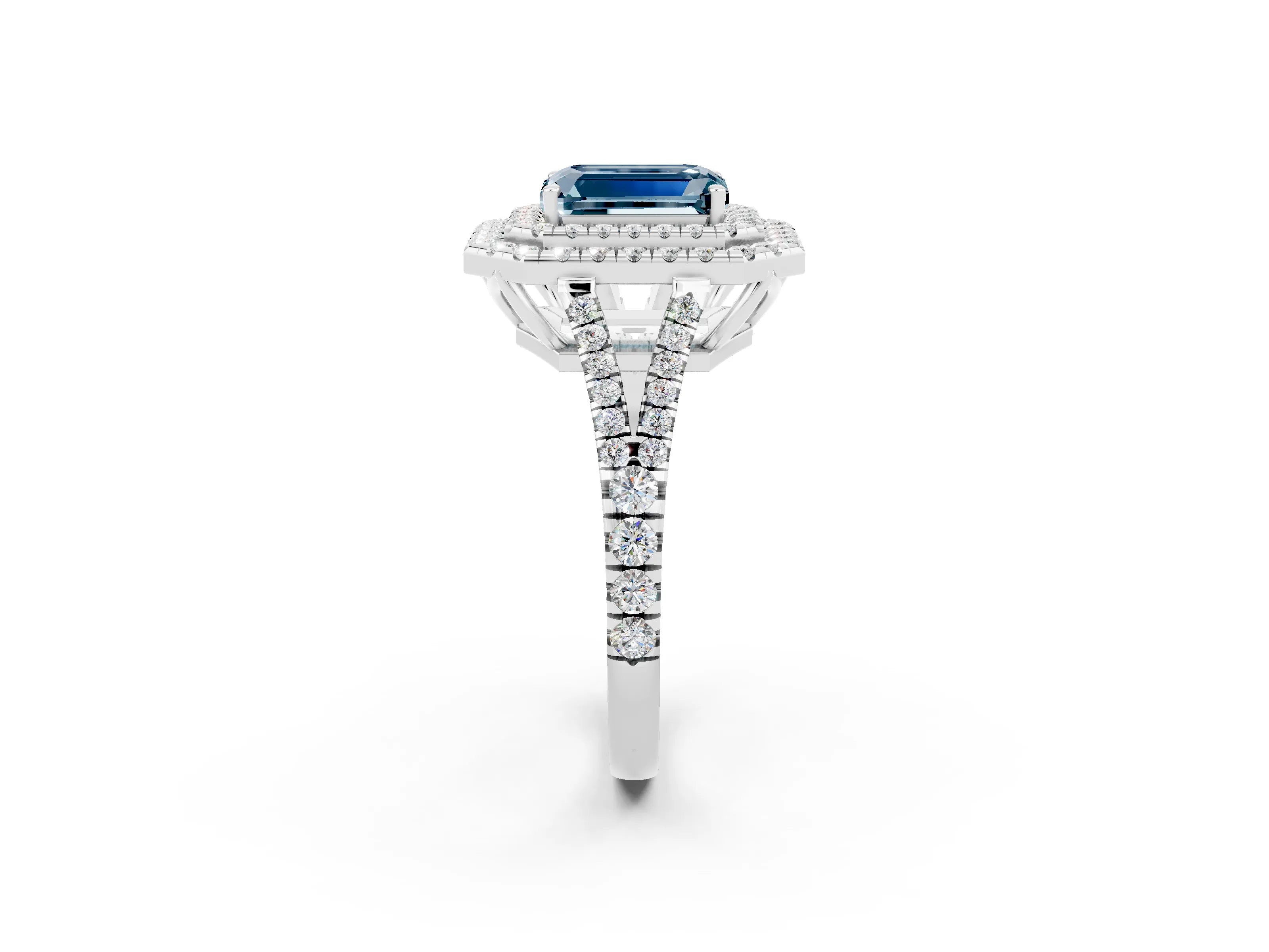White gold Emerald Cut Aquamarine Double Halo Ring with Pavé Band and Prong Setting_14
