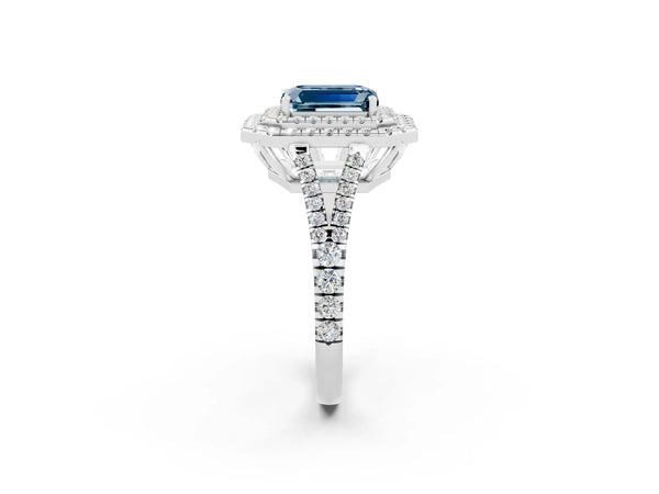 White gold Emerald Cut Aquamarine Double Halo Ring with Pavé Band and Prong Setting