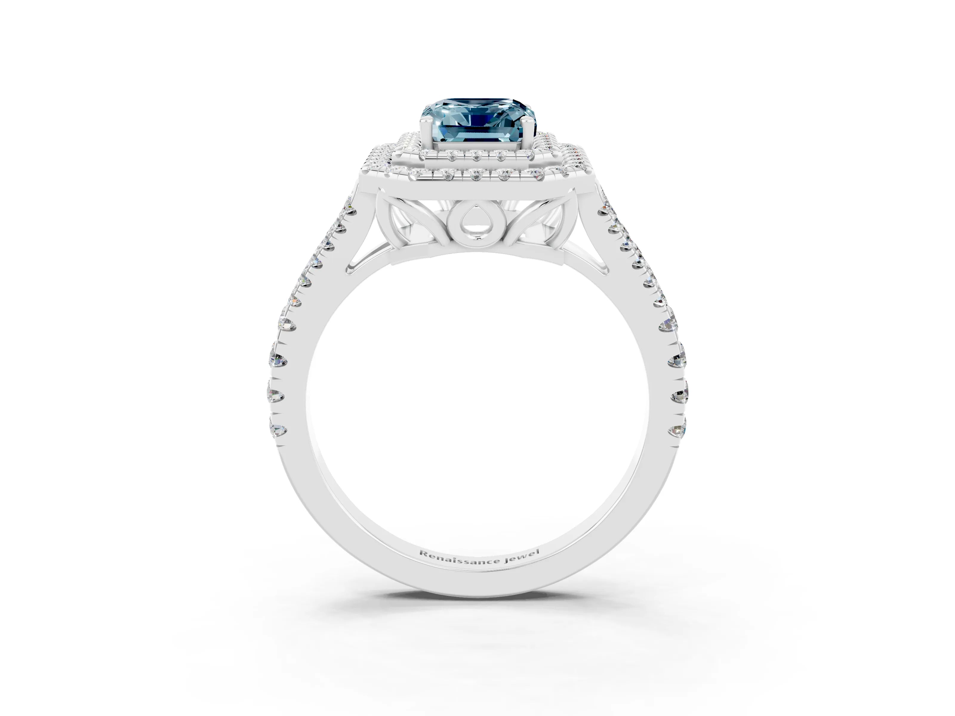 White gold Emerald Cut Aquamarine Double Halo Ring with Pavé Band and Prong Setting_15
