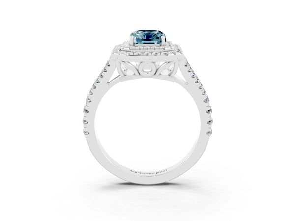White gold Emerald Cut Aquamarine Double Halo Ring with Pavé Band and Prong Setting