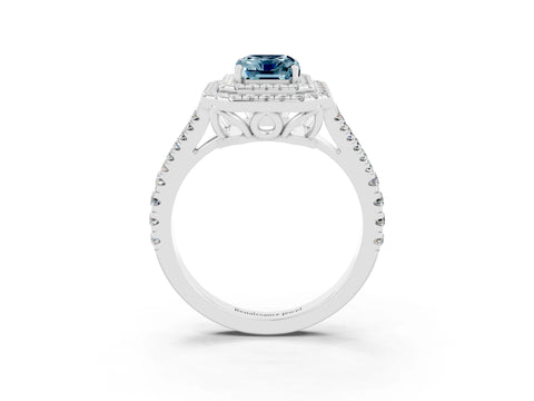 White gold Emerald Cut Aquamarine Double Halo Ring with Pavé Band and Prong Setting_15