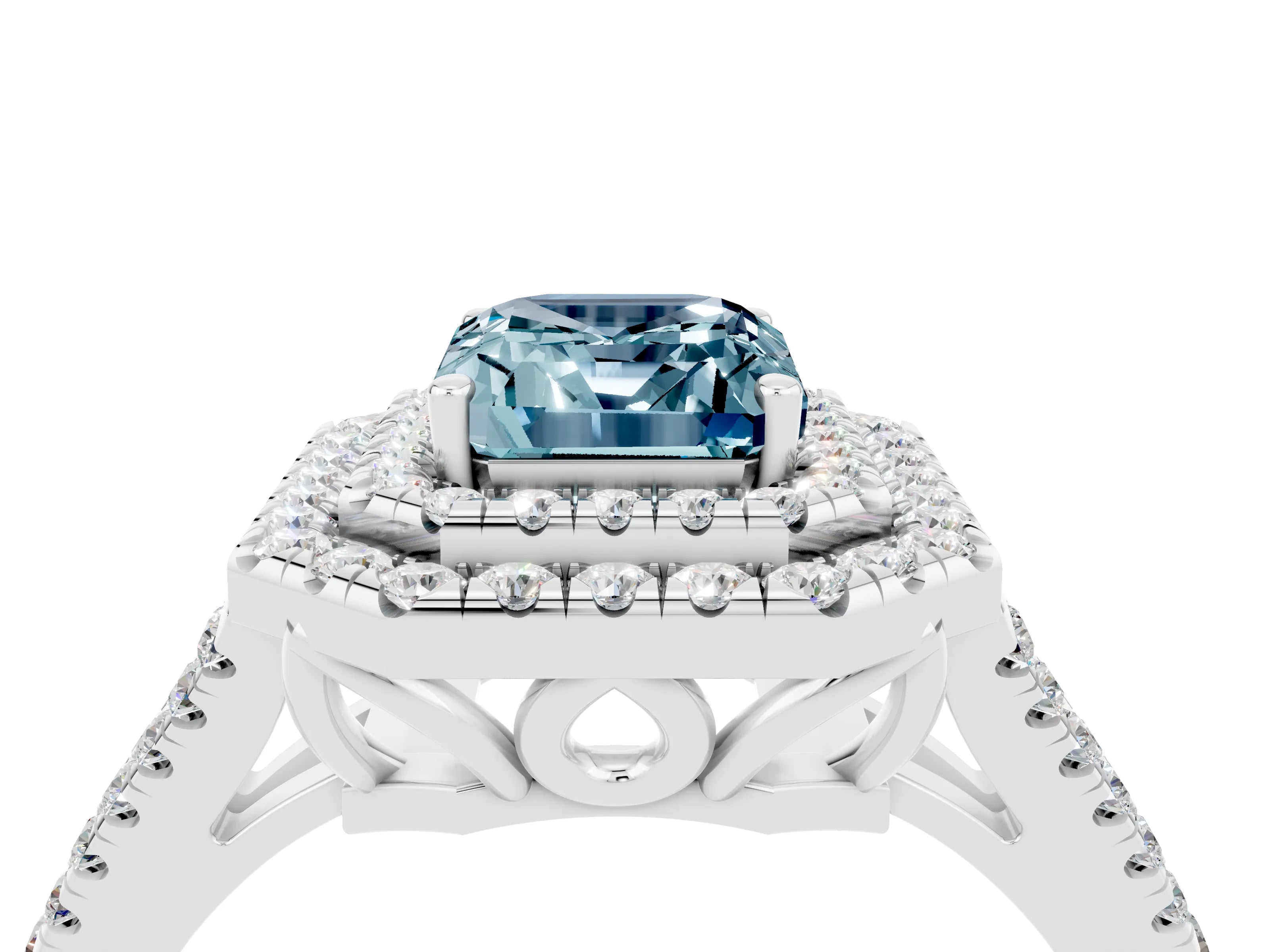 White gold Emerald Cut Aquamarine Double Halo Ring with Pavé Band and Prong Setting_16