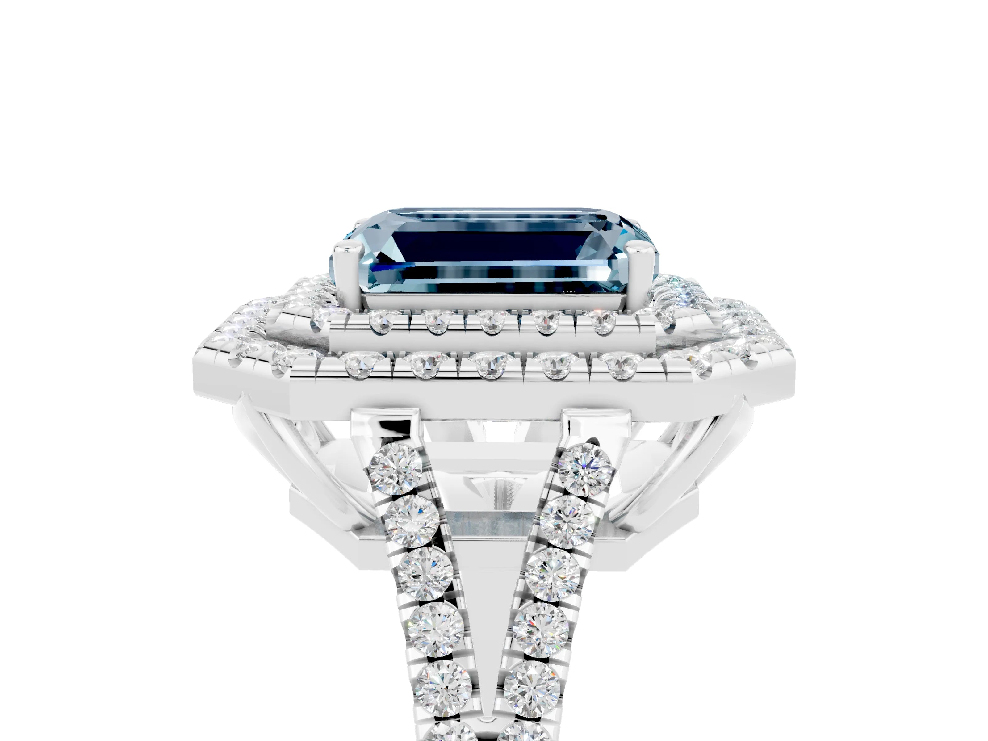 White gold Emerald Cut Aquamarine Double Halo Ring with Pavé Band and Prong Setting_17