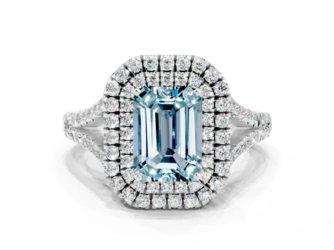 White gold Emerald Cut Aquamarine Double Halo Ring with Split Shank and Prong Setting_12