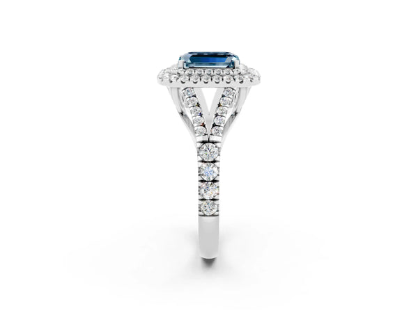Silver Emerald Cut Aquamarine Double Halo Ring with Split Shank and Prong Setting