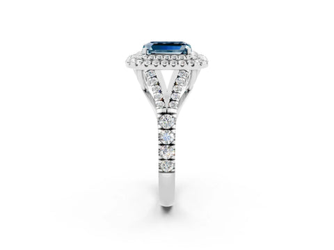White gold Emerald Cut Aquamarine Double Halo Ring with Split Shank and Prong Setting_14