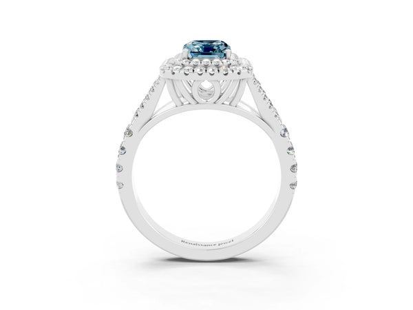 Silver Emerald Cut Aquamarine Double Halo Ring with Split Shank and Prong Setting