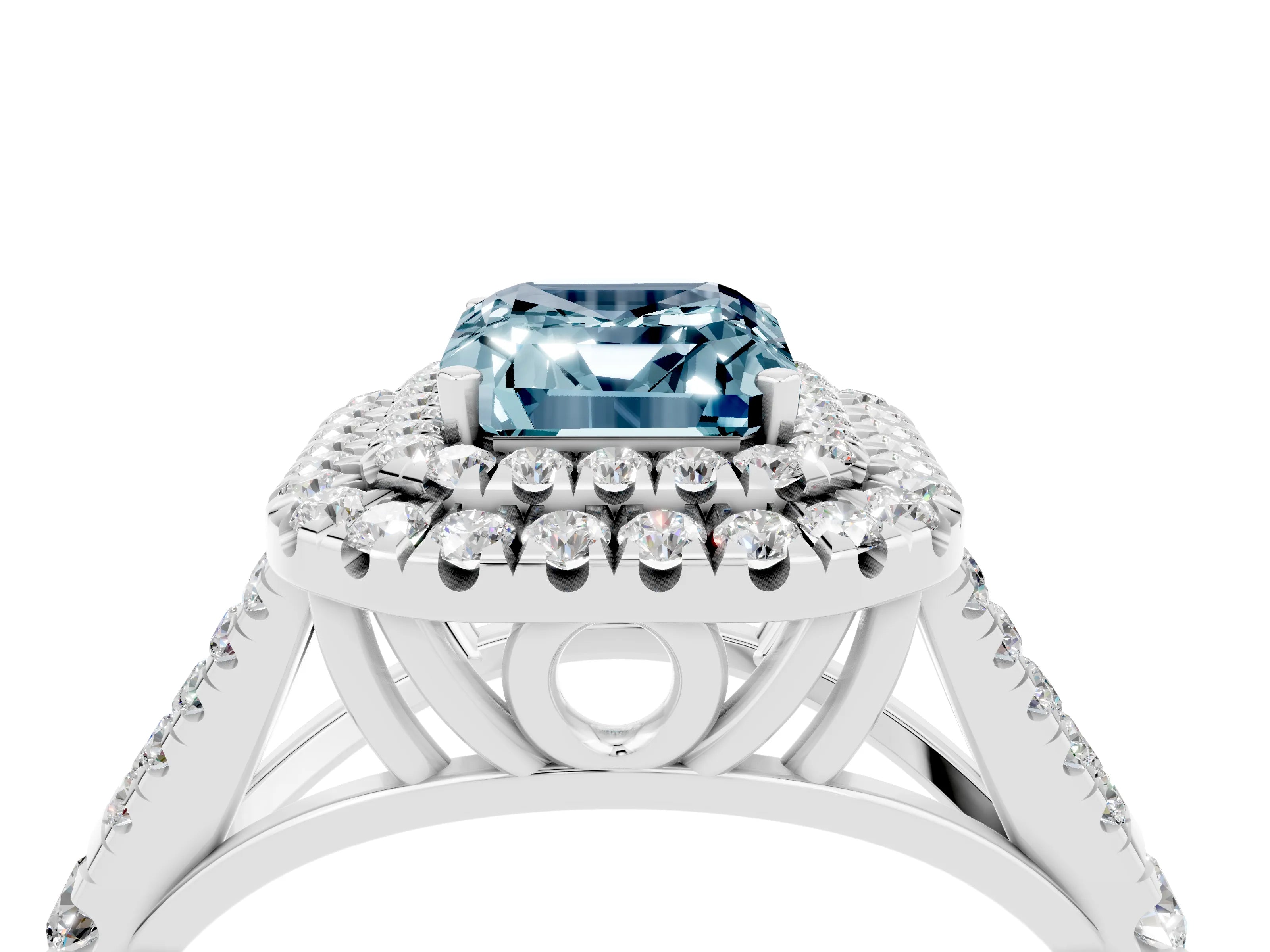 White gold Emerald Cut Aquamarine Double Halo Ring with Split Shank and Prong Setting_16