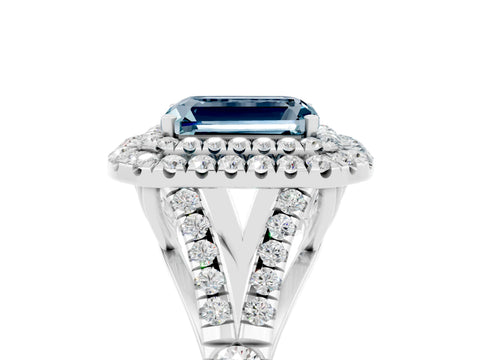 White gold Emerald Cut Aquamarine Double Halo Ring with Split Shank and Prong Setting_17