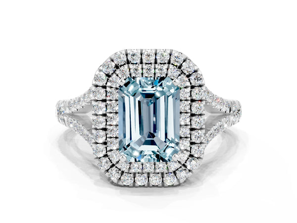White gold Emerald Cut Aquamarine Double Halo Ring with Split Shank and Prong Setting