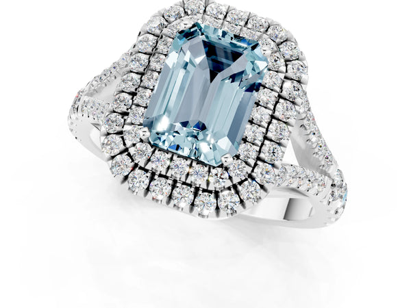 White gold Emerald Cut Aquamarine Double Halo Ring with Split Shank and Prong Setting