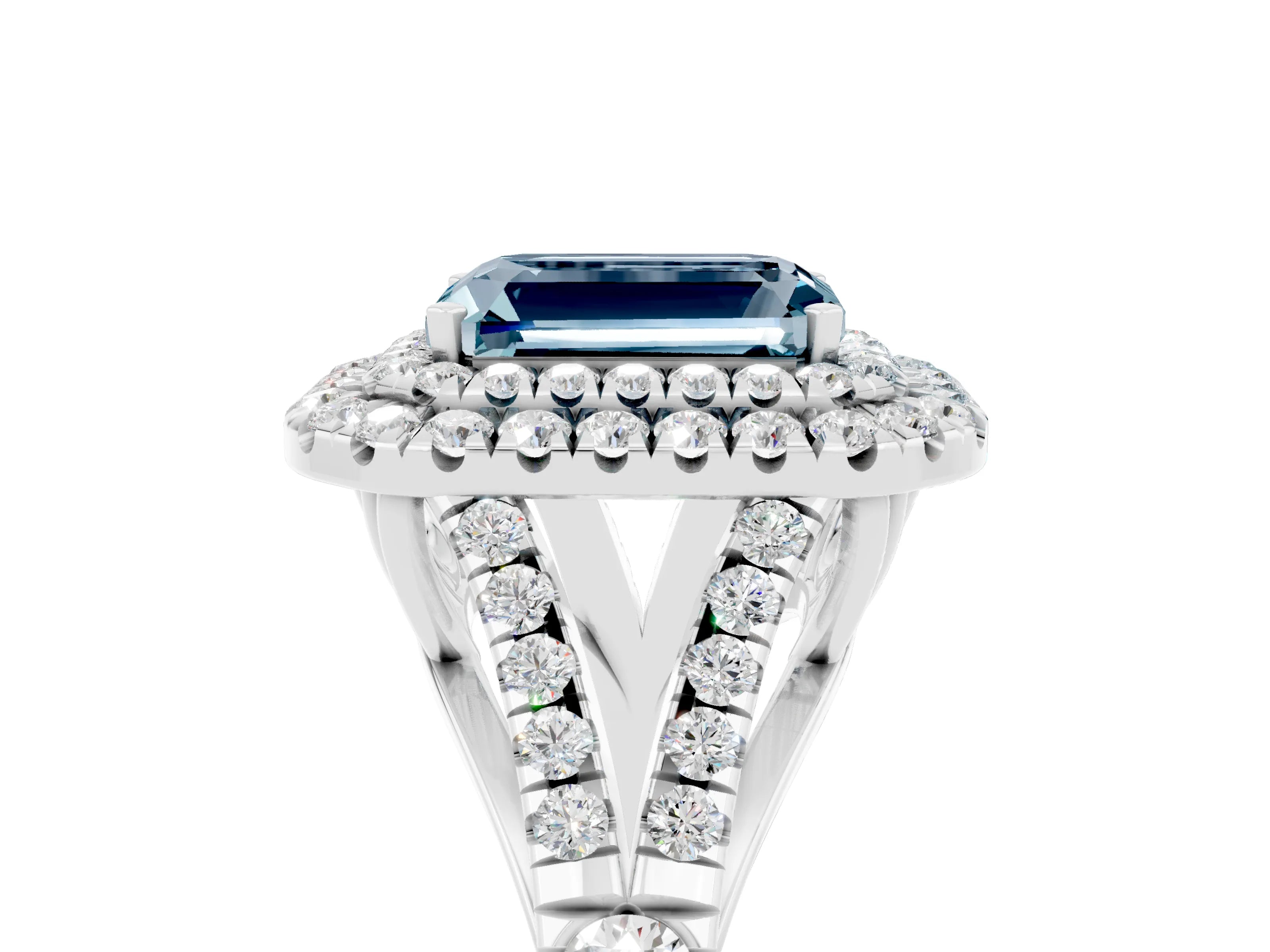 White gold Emerald Cut Aquamarine Double Halo Ring with Split Shank and Prong Setting_29