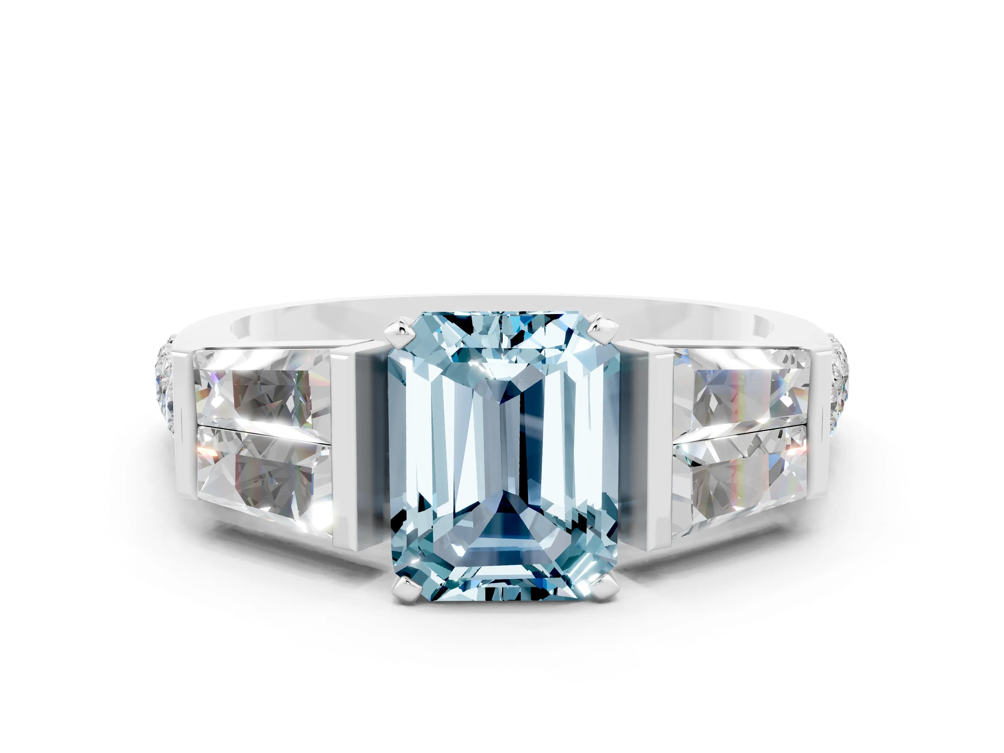 White gold Emerald Cut Aquamarine Engagement Ring with Baguette Side Stones and Channel Set Band
