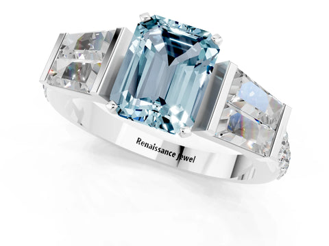 White gold Emerald Cut Aquamarine Engagement Ring with Baguette Side Stones and Channel Set Band_1