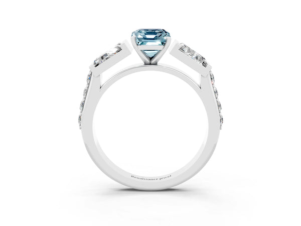 White gold Emerald Cut Aquamarine Engagement Ring with Baguette Side Stones and Channel Set Band
