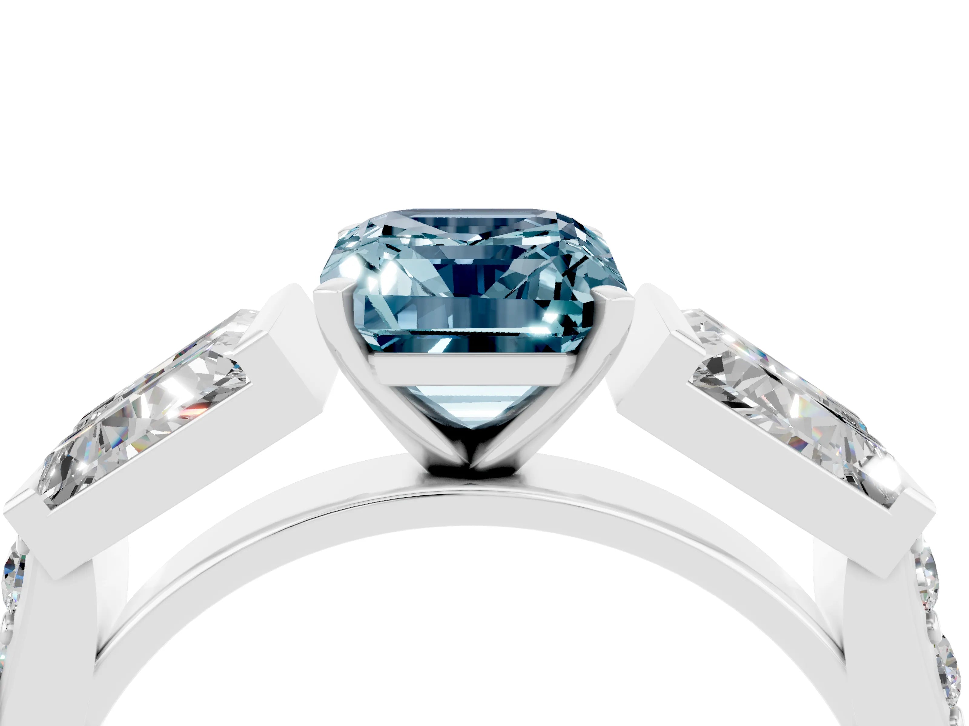 White gold Emerald Cut Aquamarine Engagement Ring with Baguette Side Stones and Channel Set Band_4