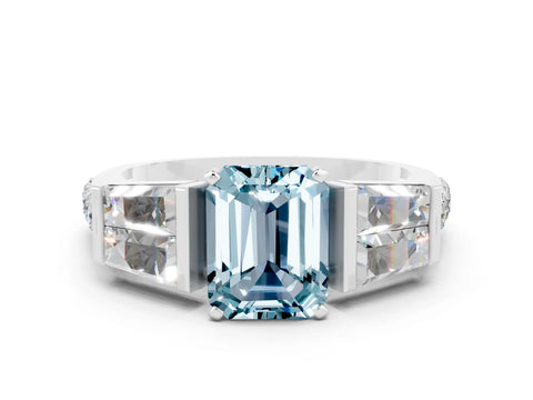 White gold Emerald Cut Aquamarine Engagement Ring with Baguette Side Stones and Channel Set Band