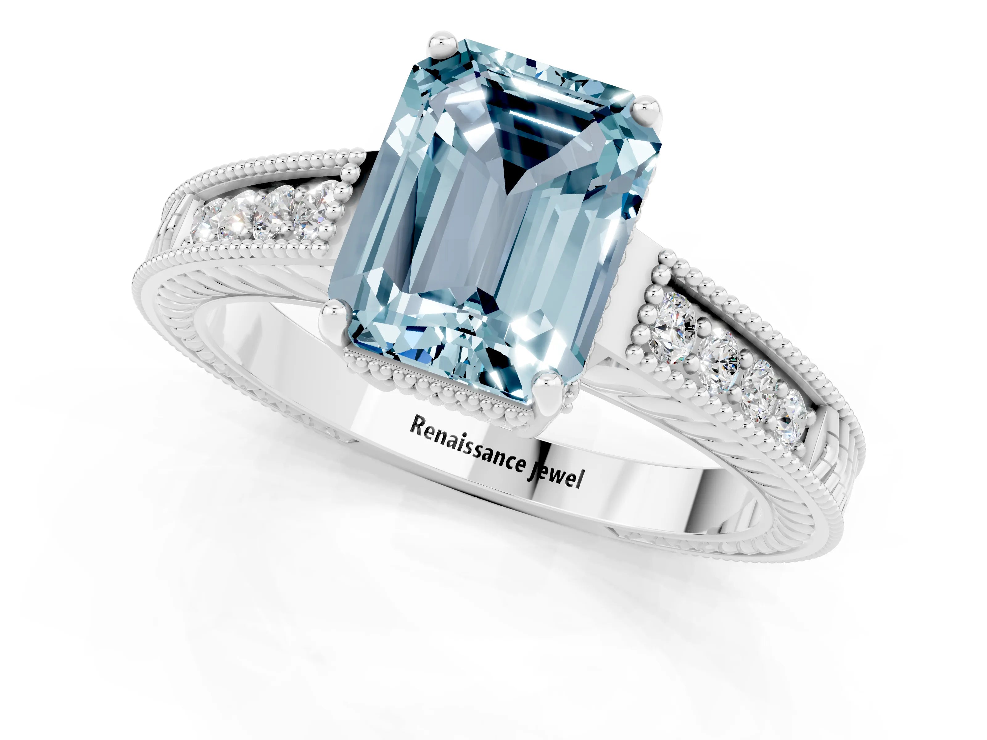 White gold Emerald Cut Aquamarine Engagement Ring with Milgrain Channel Set Band and Prong Setting_1