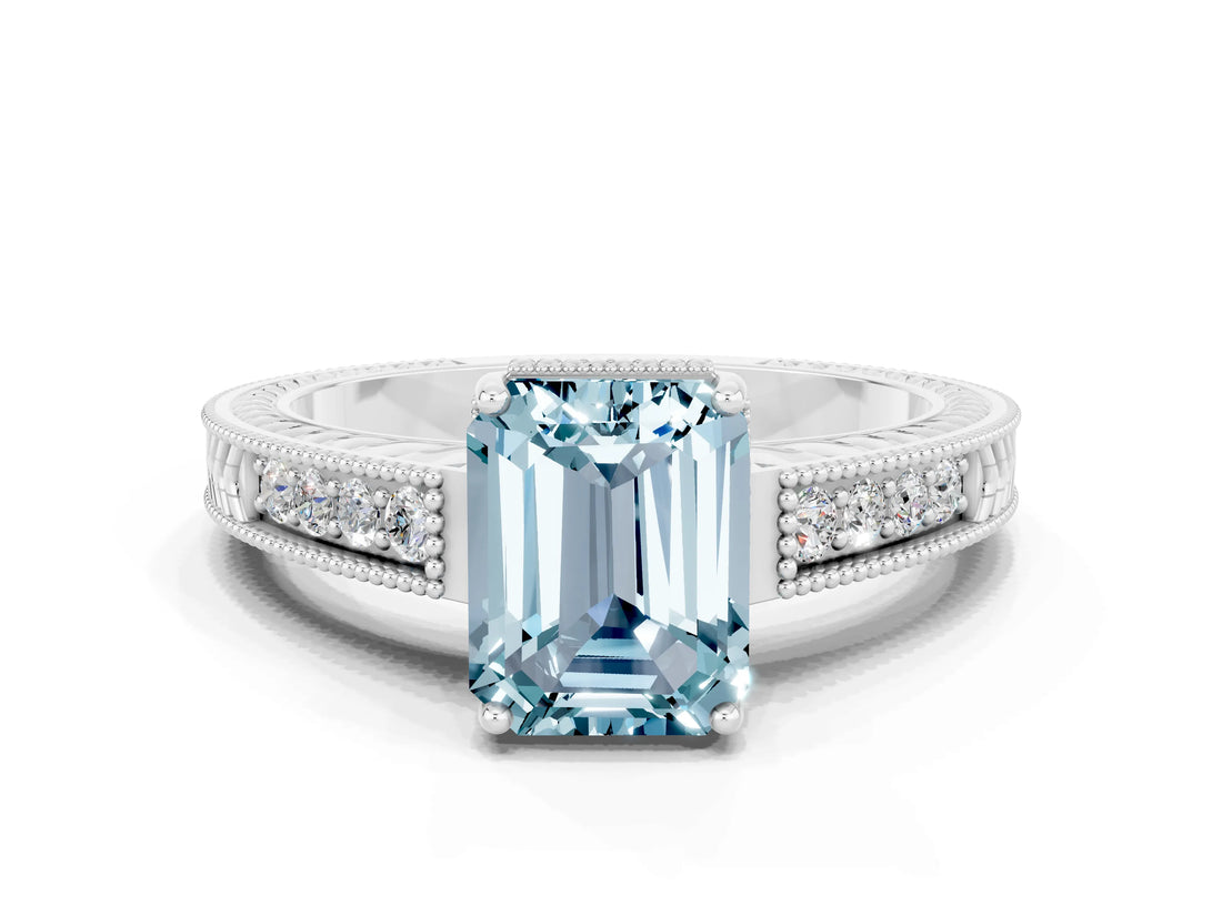 White gold Emerald Cut Aquamarine Engagement Ring with Milgrain Channel Set Band and Prong Setting