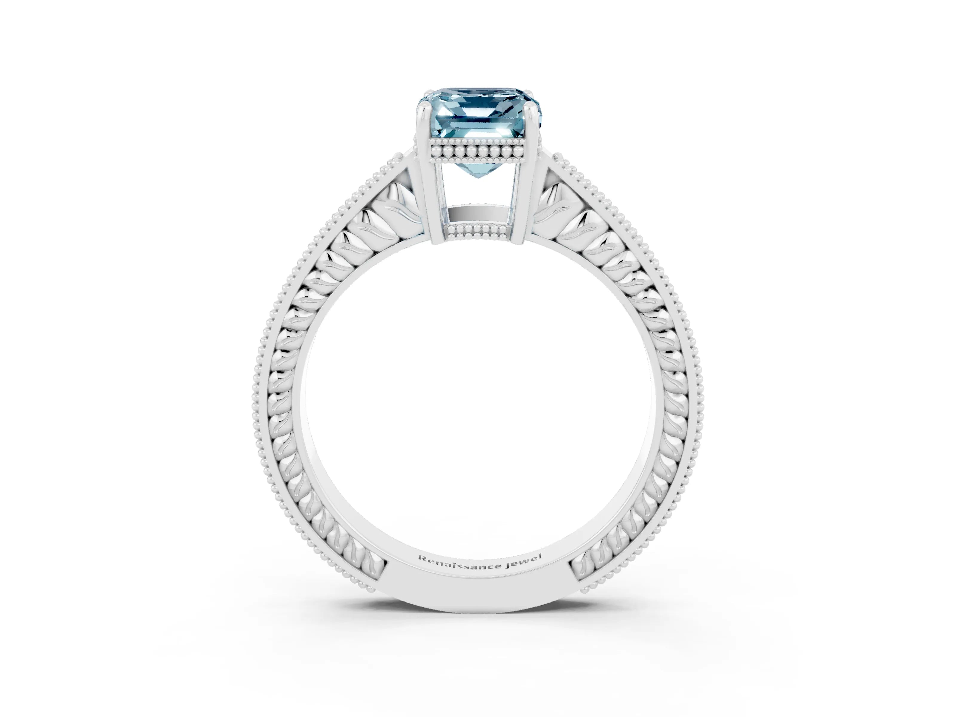 White gold Emerald Cut Aquamarine Engagement Ring with Milgrain Channel Set Band and Prong Setting_3