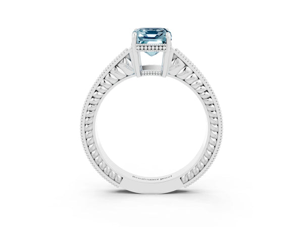 Silver Emerald Cut Aquamarine Engagement Ring with Milgrain Channel Set Band and Prong Setting