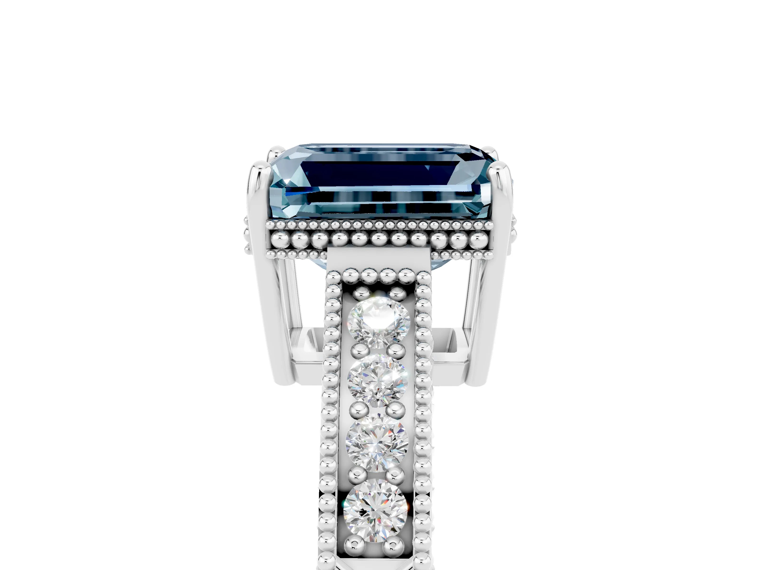 White gold Emerald Cut Aquamarine Engagement Ring with Milgrain Channel Set Band and Prong Setting_5
