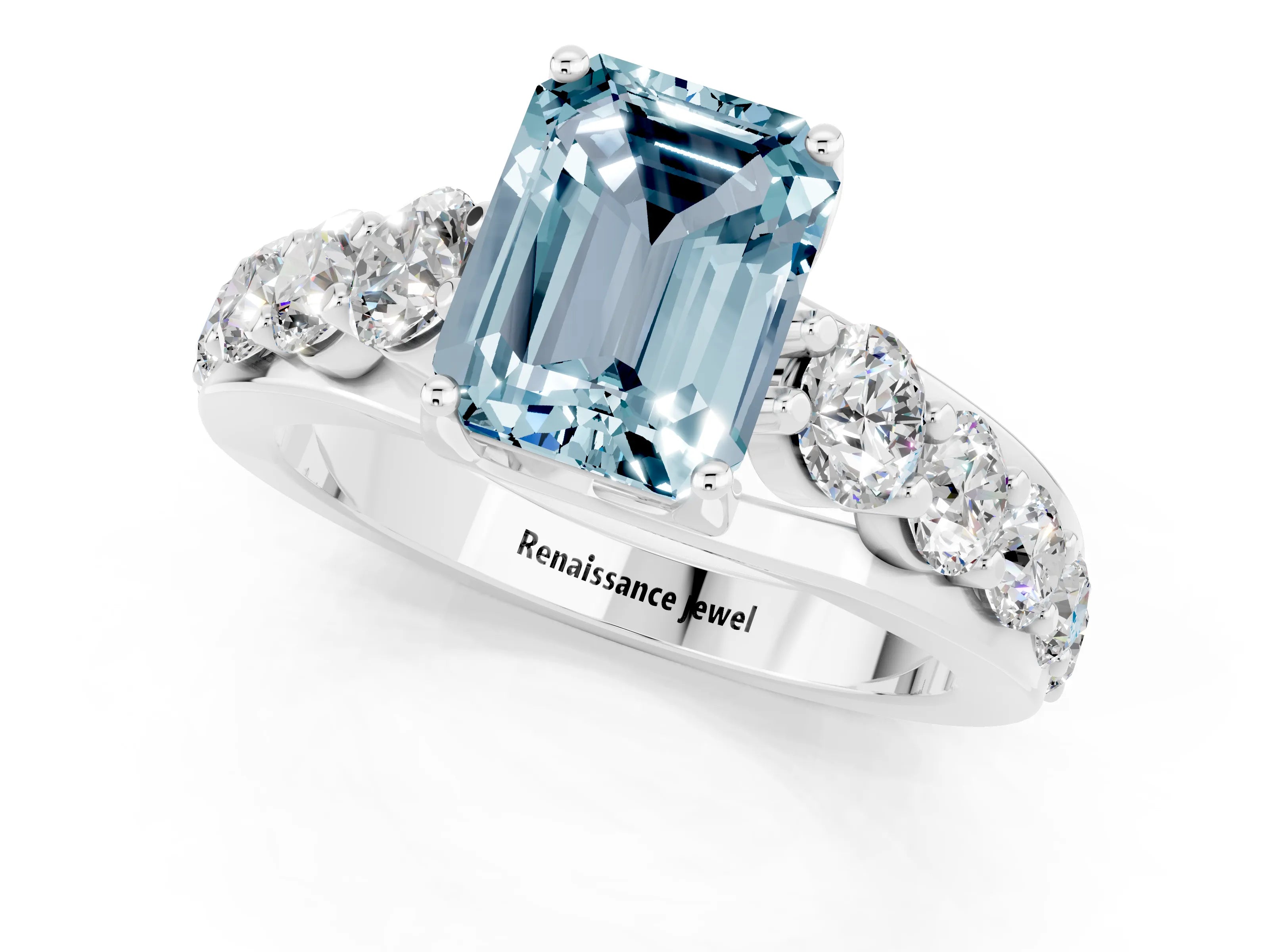 White gold Emerald Cut Aquamarine Engagement Ring with Pavé Band and Four-Prong Setting_1
