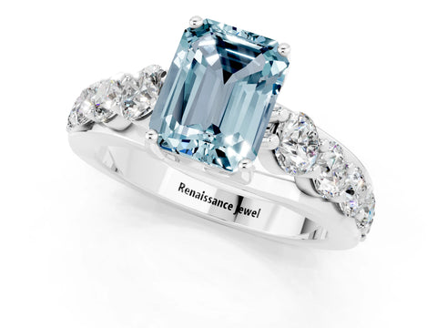 White gold Emerald Cut Aquamarine Engagement Ring with Pavé Band and Four-Prong Setting_1