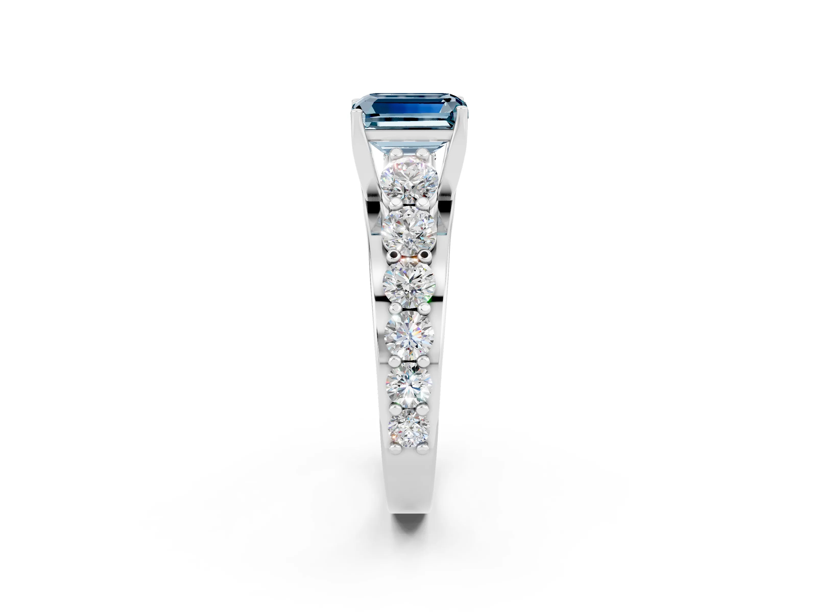 White gold Emerald Cut Aquamarine Engagement Ring with Pavé Band and Four-Prong Setting_2