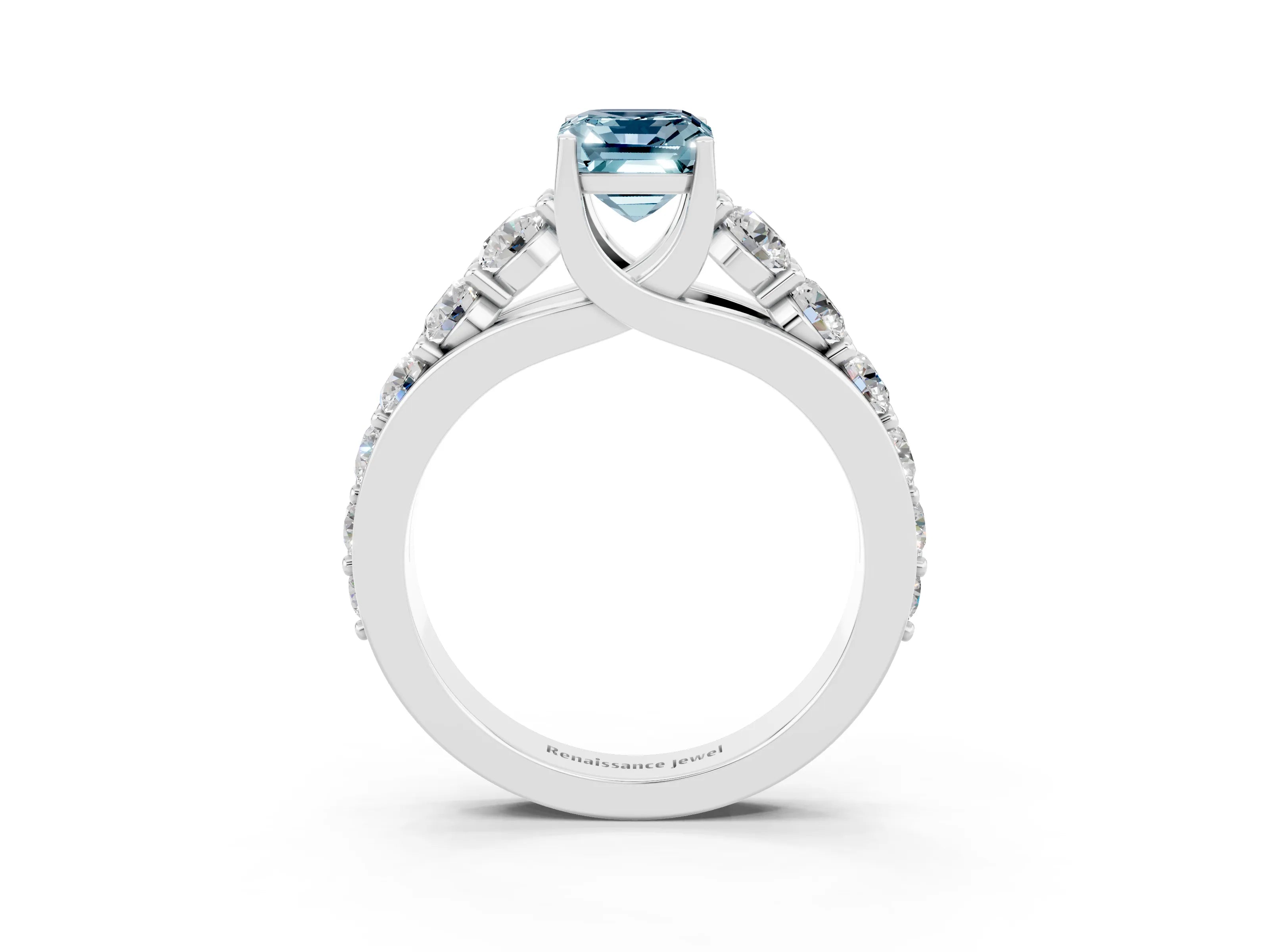 White gold Emerald Cut Aquamarine Engagement Ring with Pavé Band and Four-Prong Setting_3