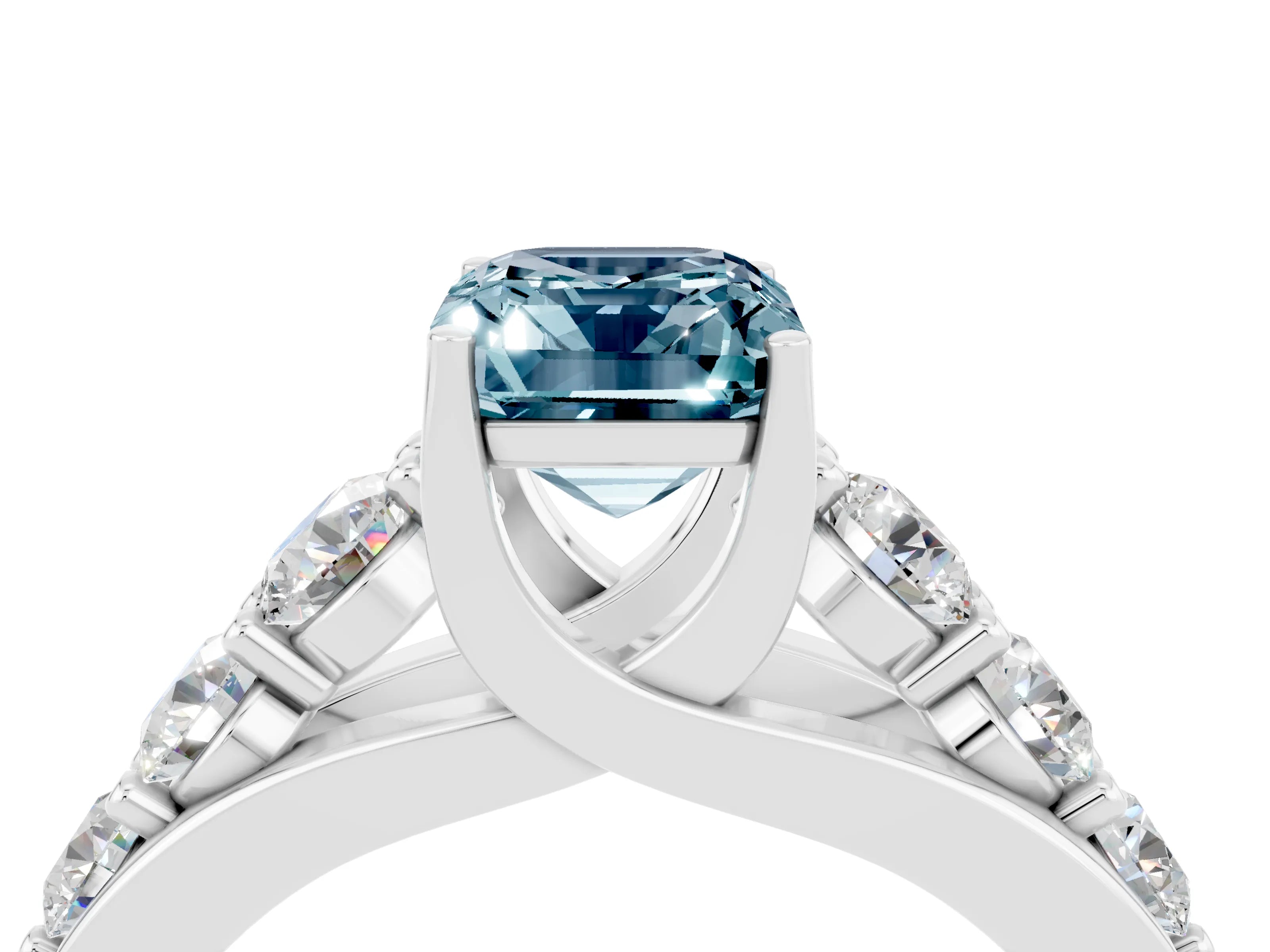 White gold Emerald Cut Aquamarine Engagement Ring with Pavé Band and Four-Prong Setting_4