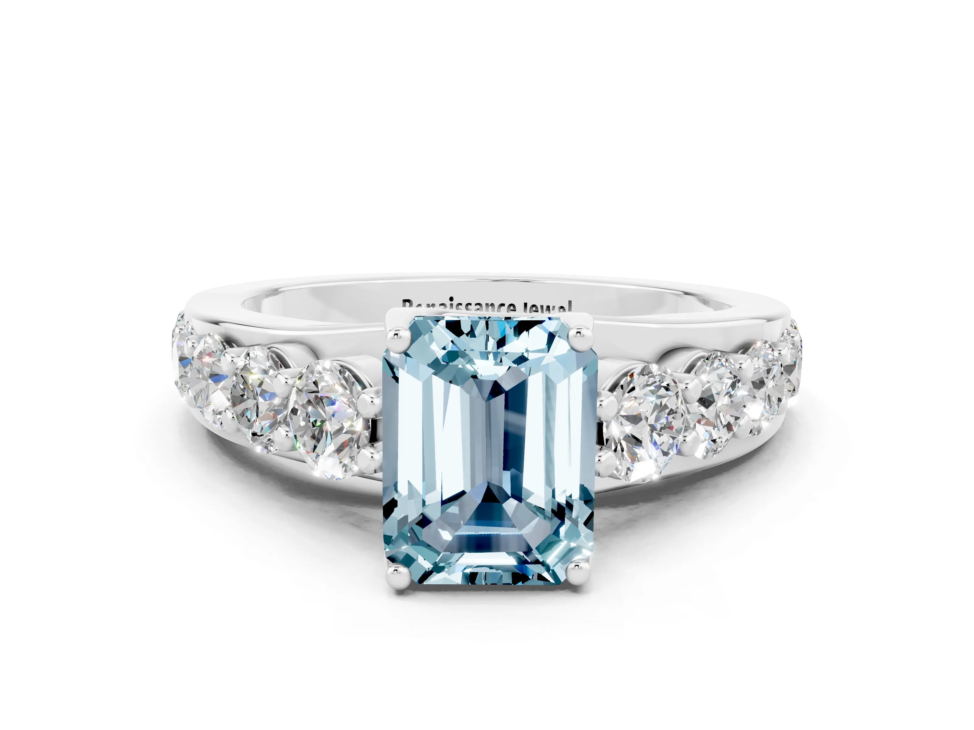 White gold Emerald Cut Aquamarine Engagement Ring with Pavé Band and Four-Prong Setting