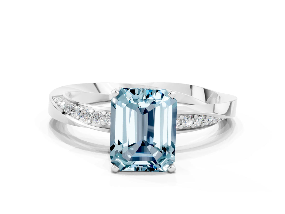 White gold Emerald Cut Aquamarine Engagement Ring with Side Stone Accents and Four-Prong Setting_84