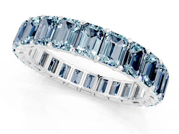 Platinum Emerald Cut Aquamarine North-South Eternity Wedding Band with Shared Prongs