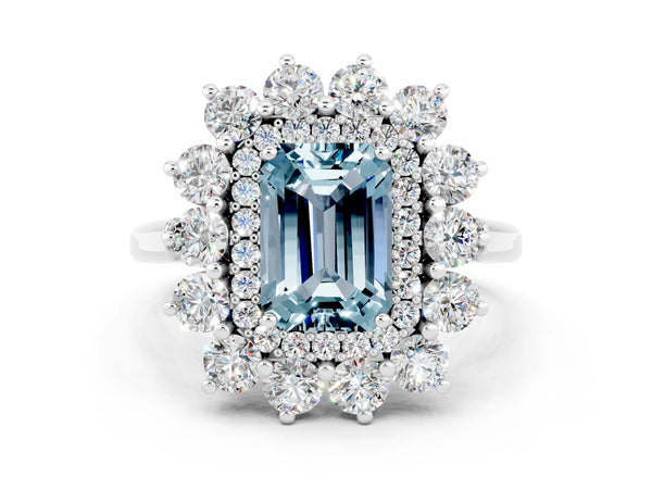 Platinum Emerald Cut Aquamarine Floral Double Halo Engagement Ring with Prong Setting