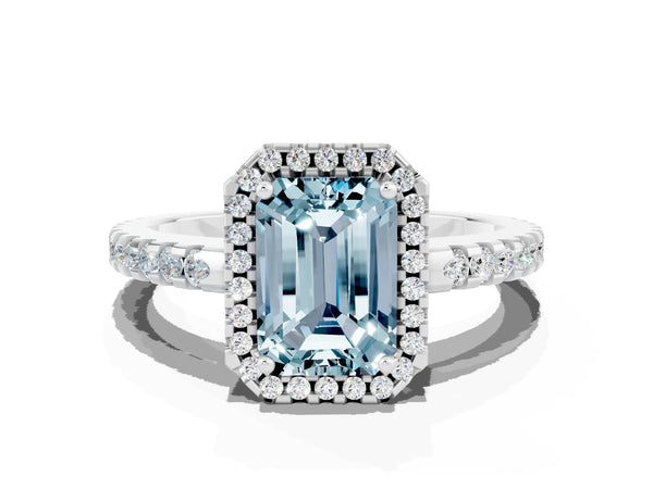 Silver Emerald Cut Aquamarine Halo Engagement Ring with Pavé Band and Prong Setting
