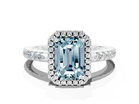 White gold Emerald Cut Aquamarine Halo Engagement Ring with Pavé Band and Prong Setting_12