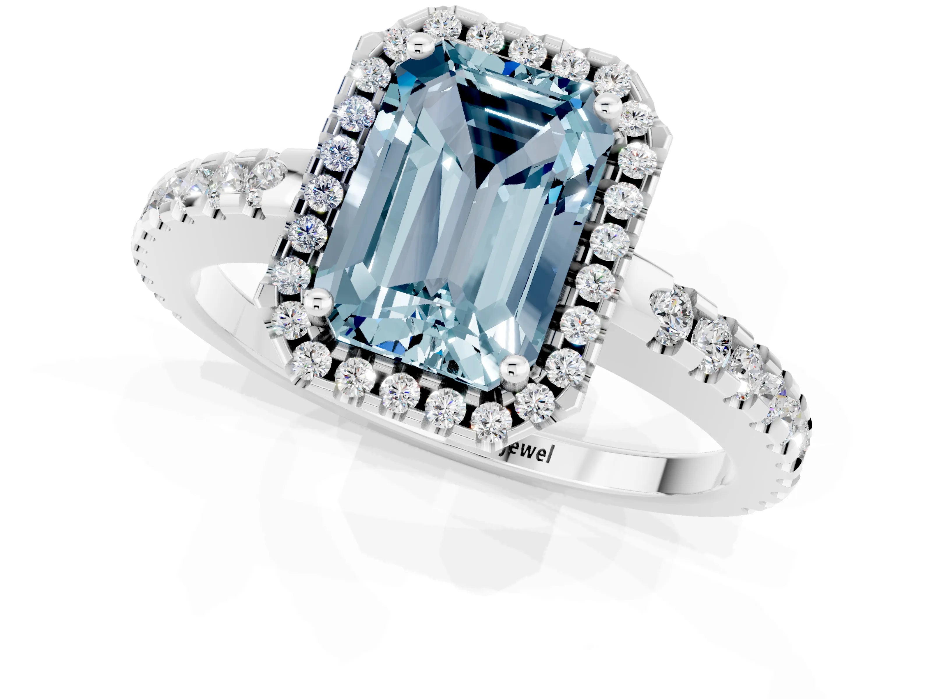 White gold Emerald Cut Aquamarine Halo Engagement Ring with Pavé Band and Prong Setting_13