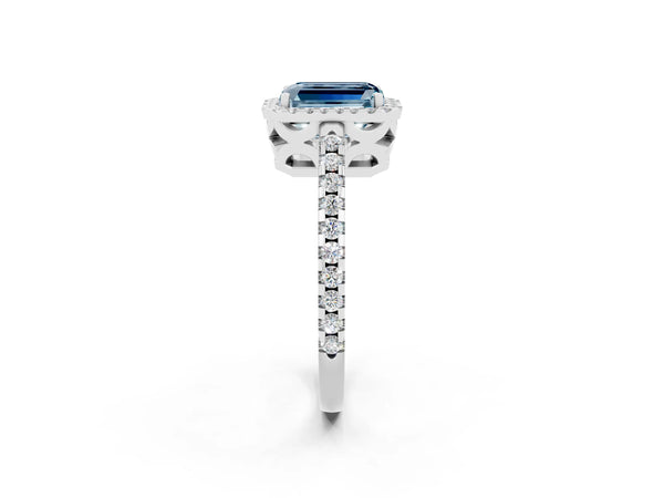 Platinum Emerald Cut Aquamarine Halo Engagement Ring with Pavé Band and Prong Setting