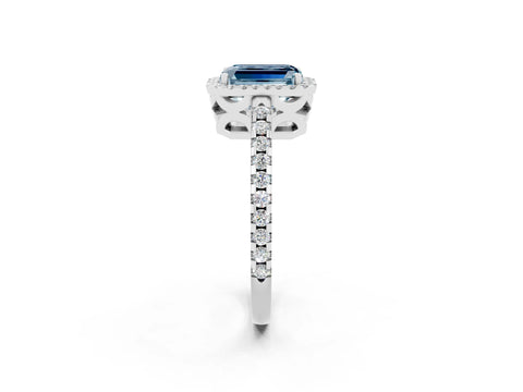 White gold Emerald Cut Aquamarine Halo Engagement Ring with Pavé Band and Prong Setting_14