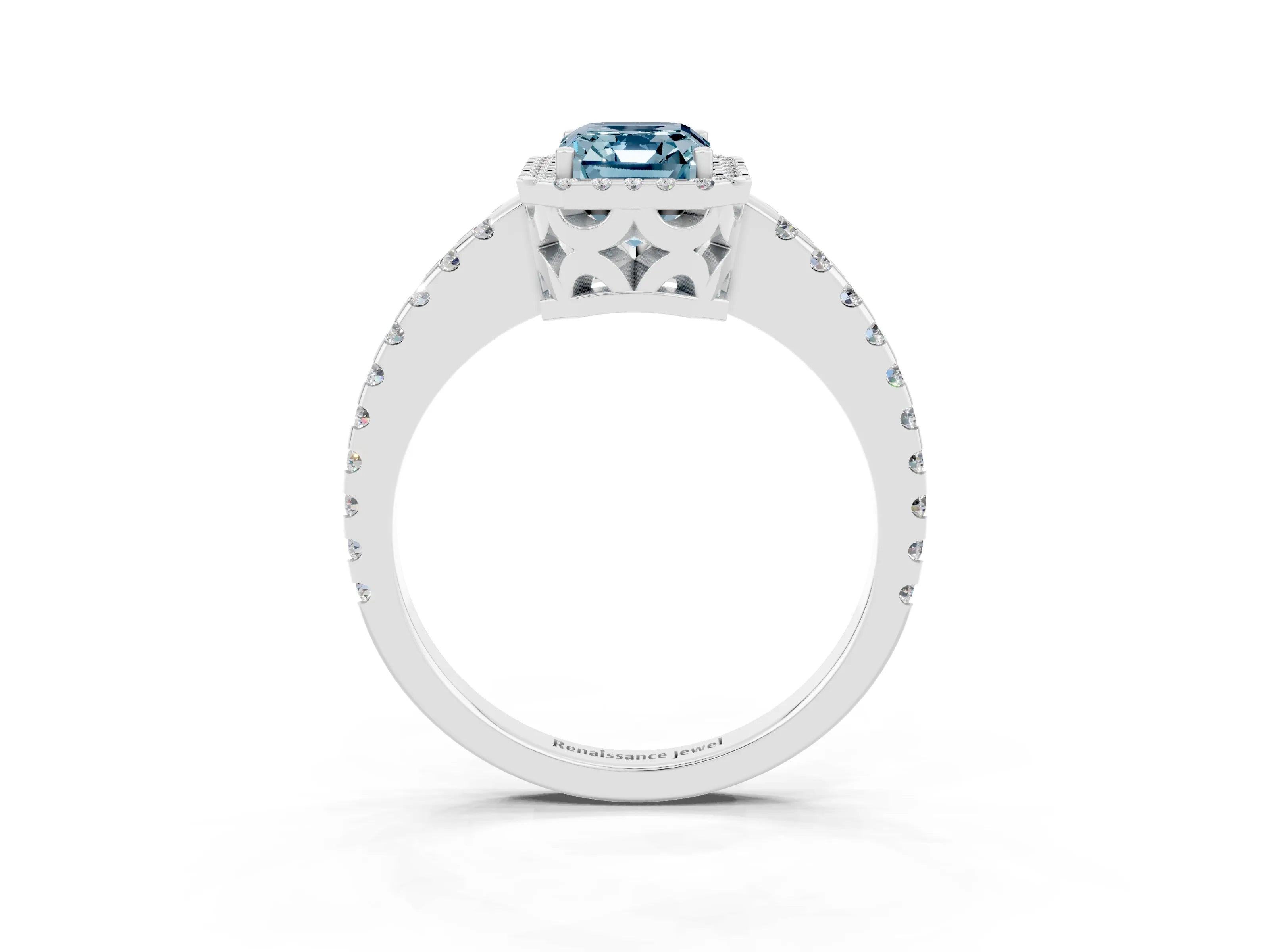 White gold Emerald Cut Aquamarine Halo Engagement Ring with Pavé Band and Prong Setting_15