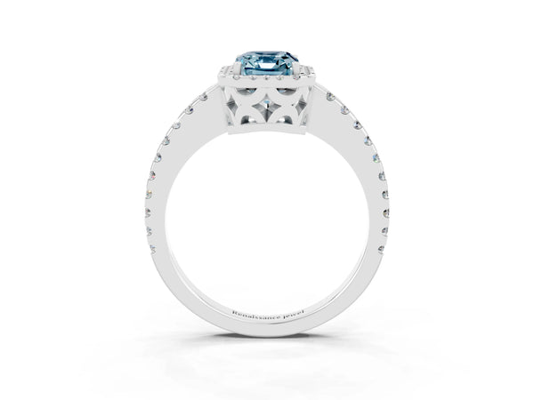 White gold Emerald Cut Aquamarine Halo Engagement Ring with Pavé Band and Prong Setting