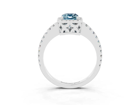White gold Emerald Cut Aquamarine Halo Engagement Ring with Pavé Band and Prong Setting_15